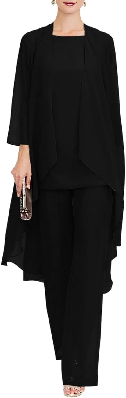 Zongqiven Chiffon Mother of The Bride Pant Suits 3Pcs Wedding Formal Outfit Set Evening Gown for Women