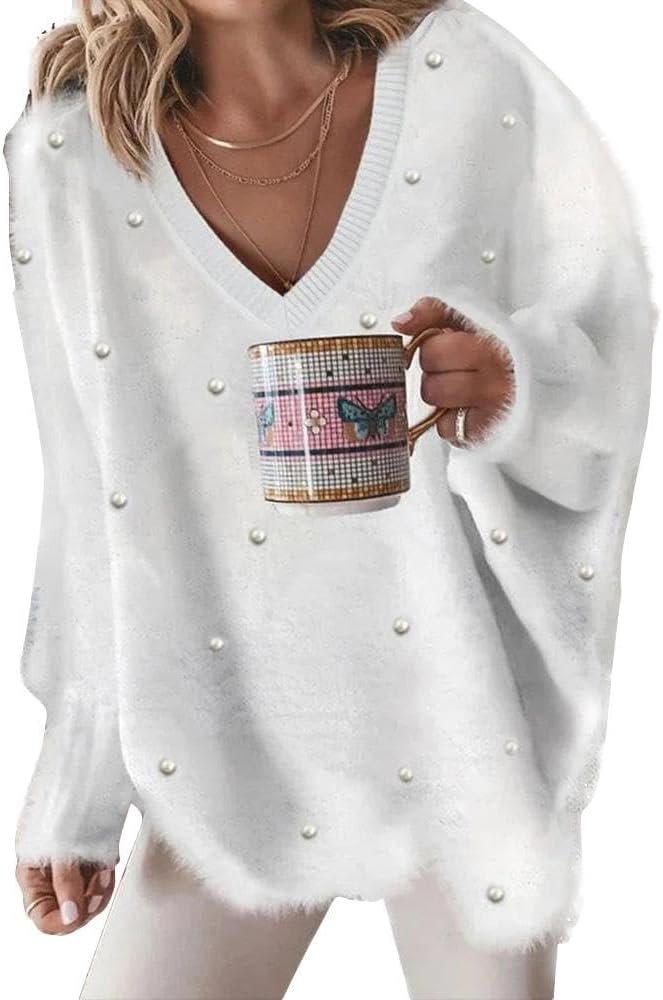 Akivide Women's Oversized Pullover Sweater with Pearls Embellished V Neck Long Sleeve Trendy Dressy Aesthetic Knit Tops