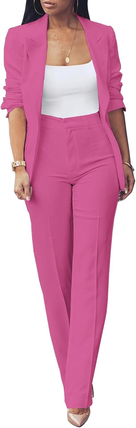 HuiSiFang Womens Fall Fashion 2 Piece Blazer Sets Open Front Blazers and Slim Fit Pants Suits Set