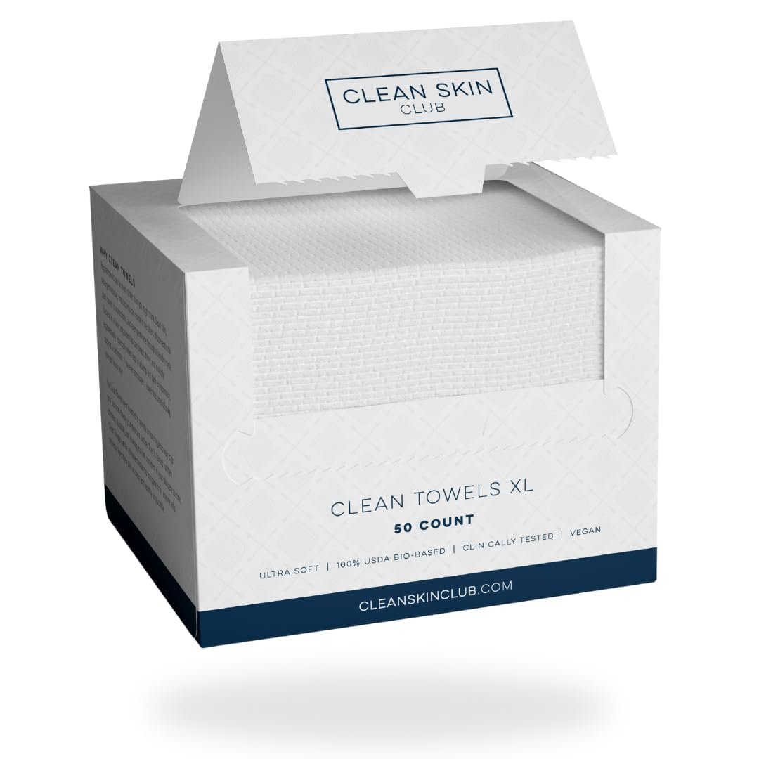 Clean Skin Club Clean Towels XLâ„¢, 100% USDA Biobased Face Towel, Disposable Face Towelette, Makeup Remover Dry Wipes, Ultra Soft, 50 Ct, 1 Pack