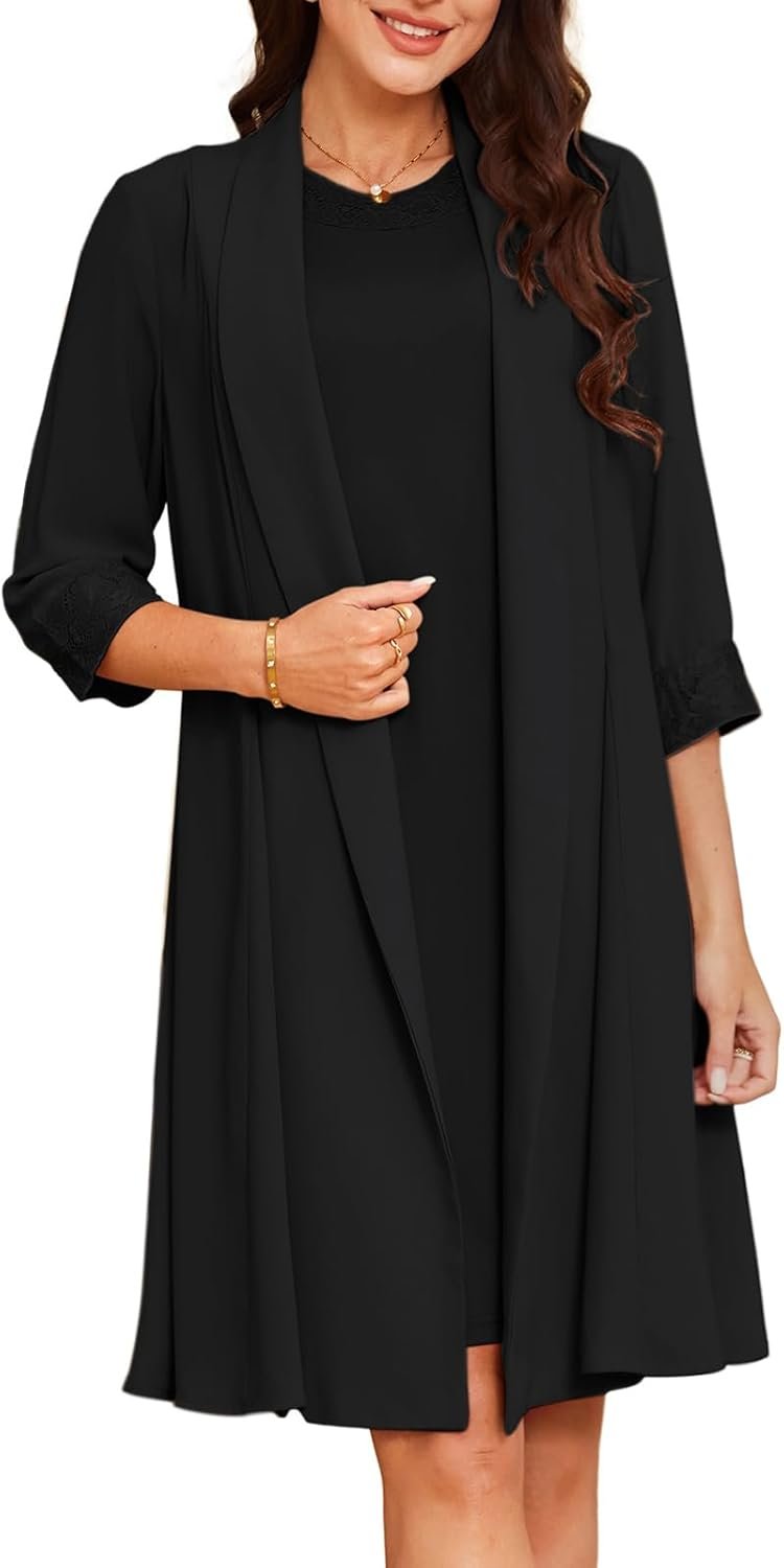GRACE KARIN Women’s 2 Pieces Mother of The Bride Dresses for Wedding Knee Length Chiffon Dress with 3/4 Sleeve Long Jacket
