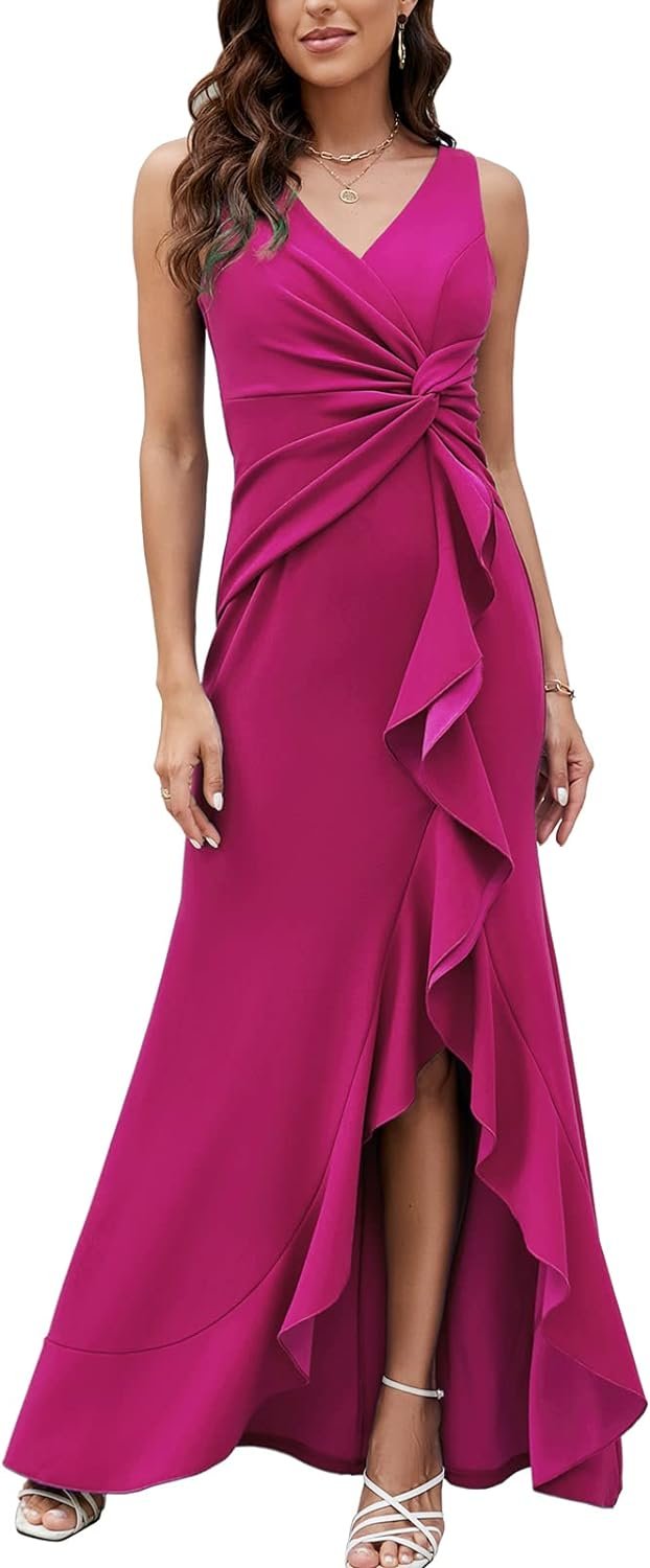 FQA Formal Evening Dresses for Women Elegant Evening Party Prom Dress Long Sexy V Neck Sleeveless Split Wrap