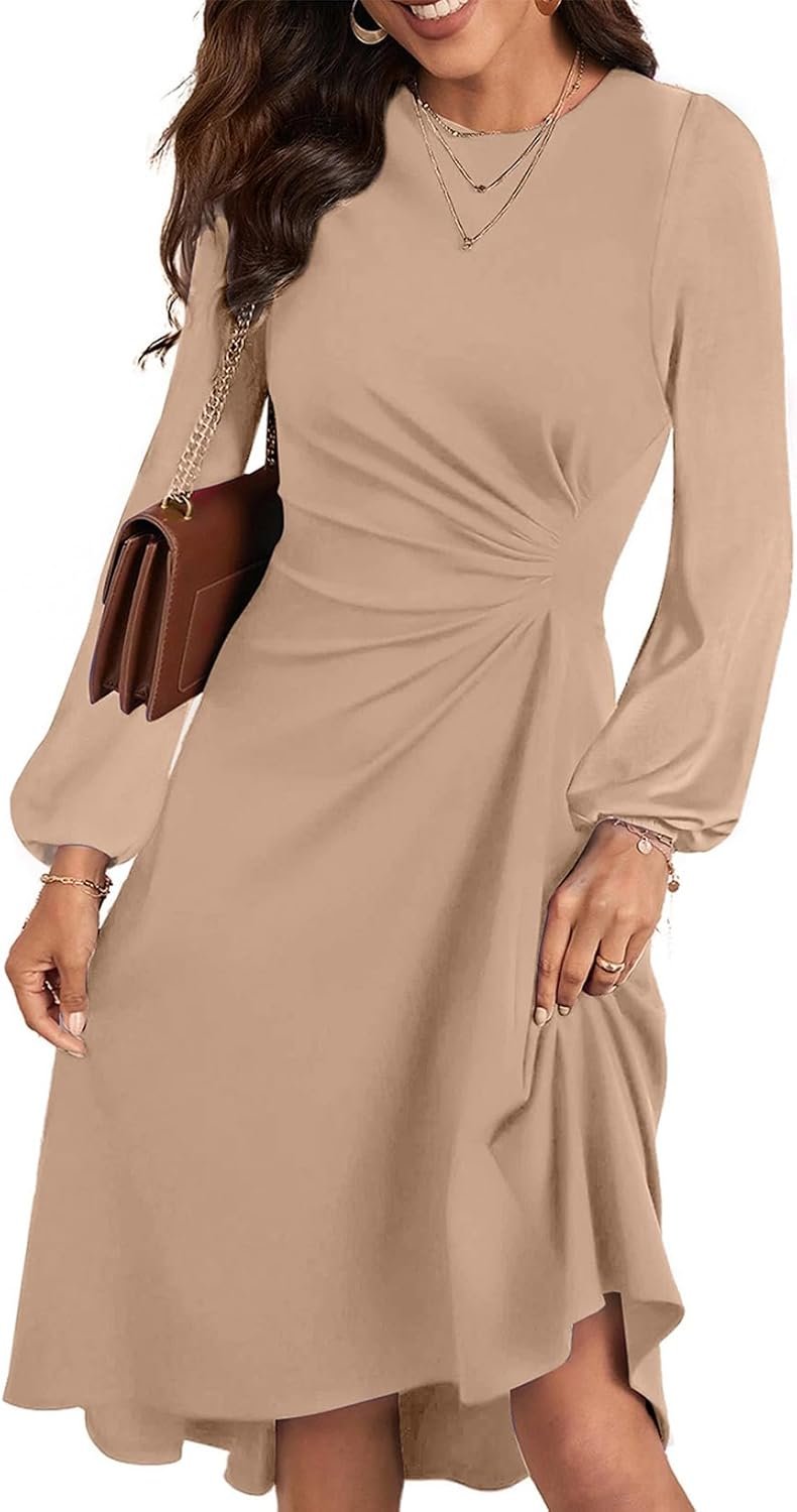 Happy Sailed Women's Winter Fall Long Sleeve Ruched Waist Flowy A Line High Low Midi Cocktail Party Dress