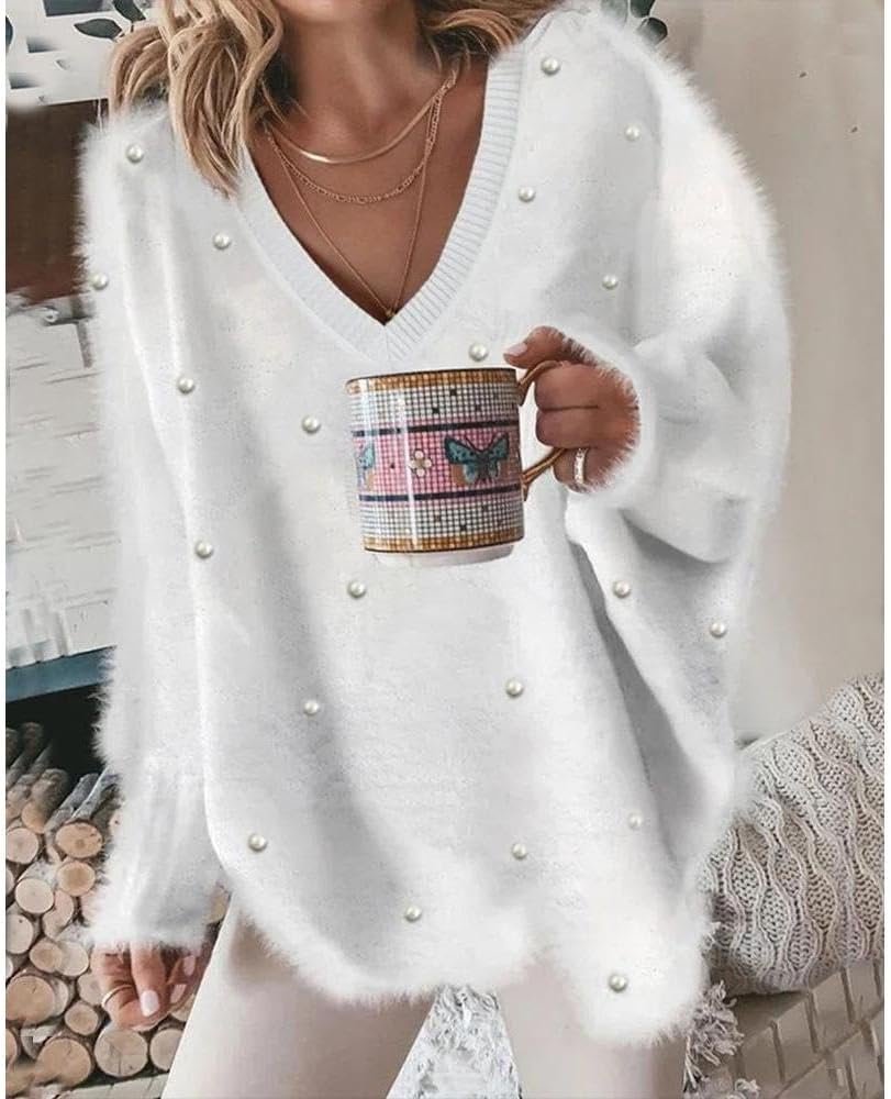 Akivide Women's Oversized Pullover Sweater with Pearls Embellished V Neck Long Sleeve Trendy Dressy Aesthetic Knit Tops 2 Akivide Women's Oversized Pullover Sweater with Pearls Embellished V Neck Long Sleeve Trendy Dressy Aesthetic Knit Tops - Image 2