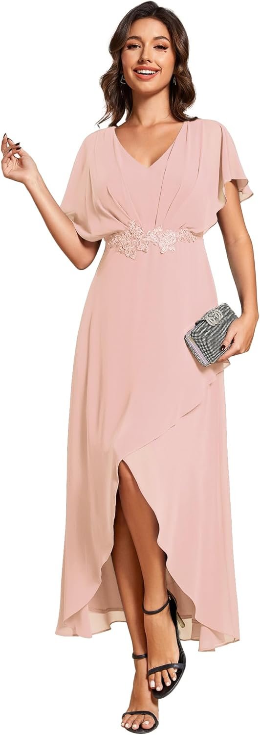 Ever-Pretty Women's Formal Dress A Line V Neck Applique Waist Tea Length Wedding Guest Dress 02027