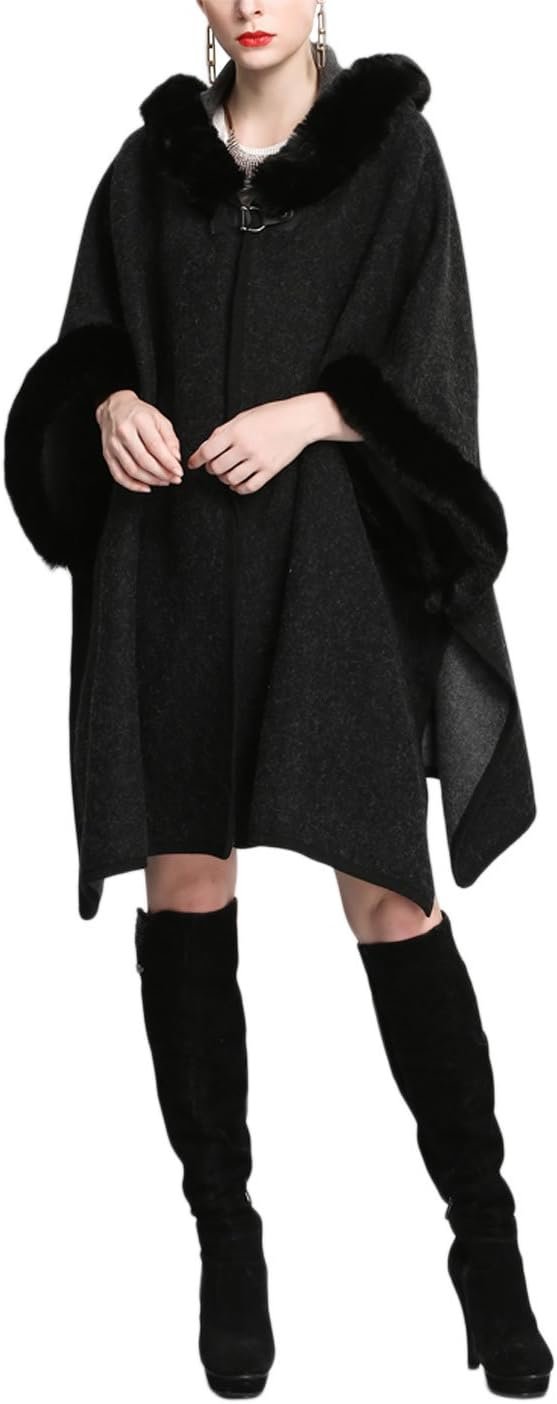 Gihuo Women's Luxury Batwing Sleeve Faux Fur Hooded Cloak Poncho Sweater Cape