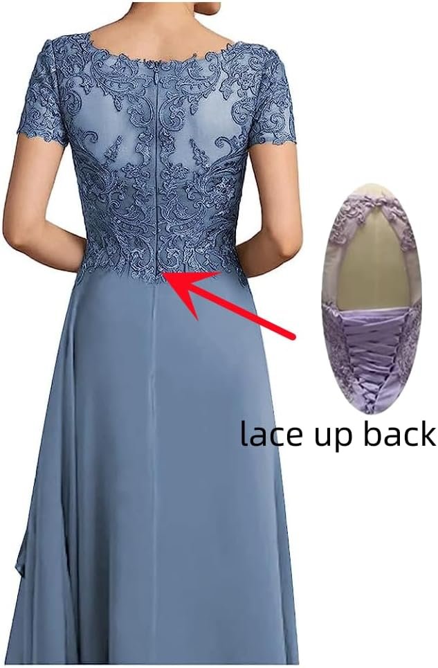 Lace Applique Mother of The Bride Dress for Wedding Short Sleeves Tea Length Chiffon Formal Party Gown for Women