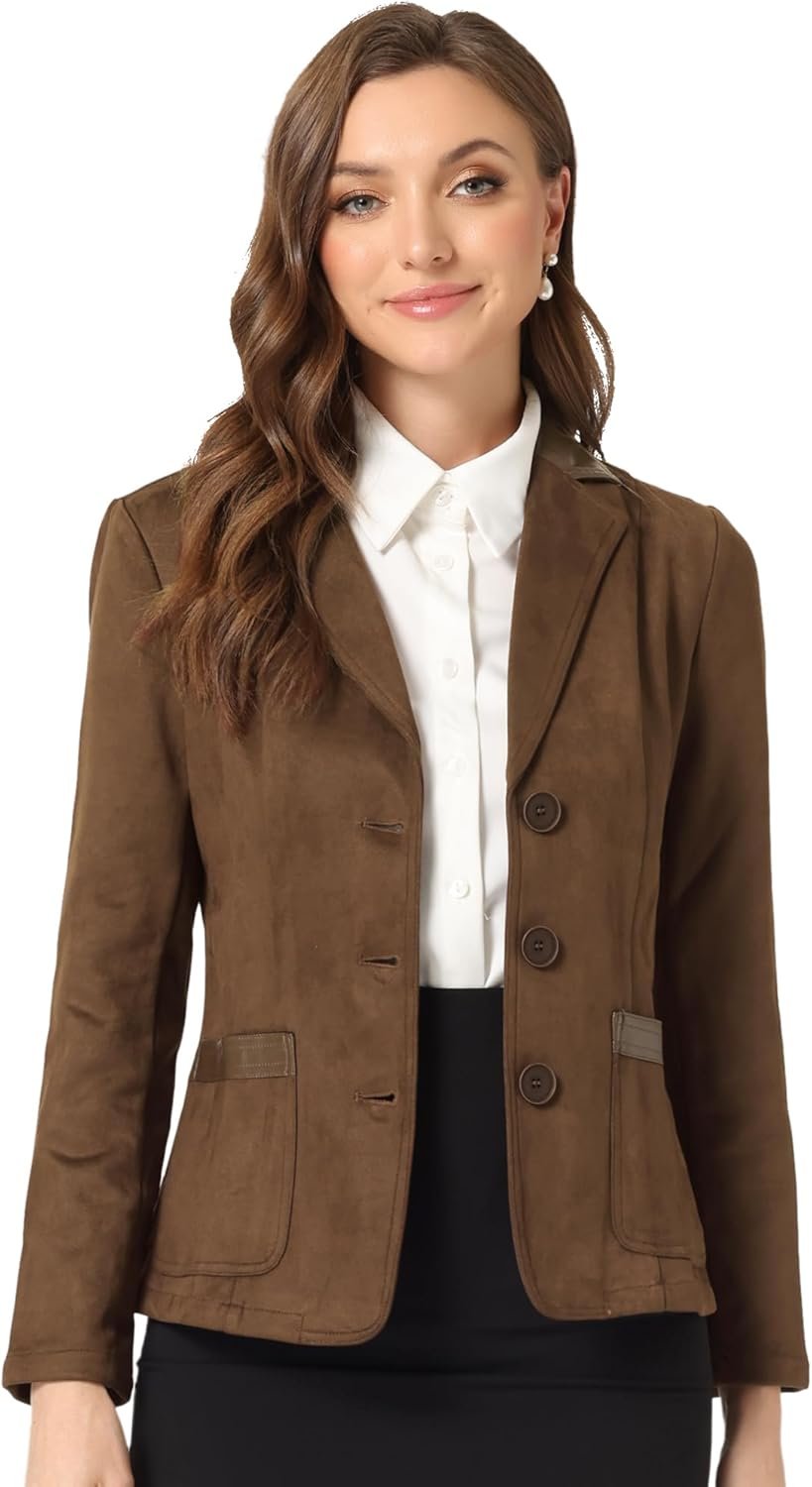 Allegra K Faux Suede Blazer for Women's Lapel Collar Button Front Long Sleeve Jacket