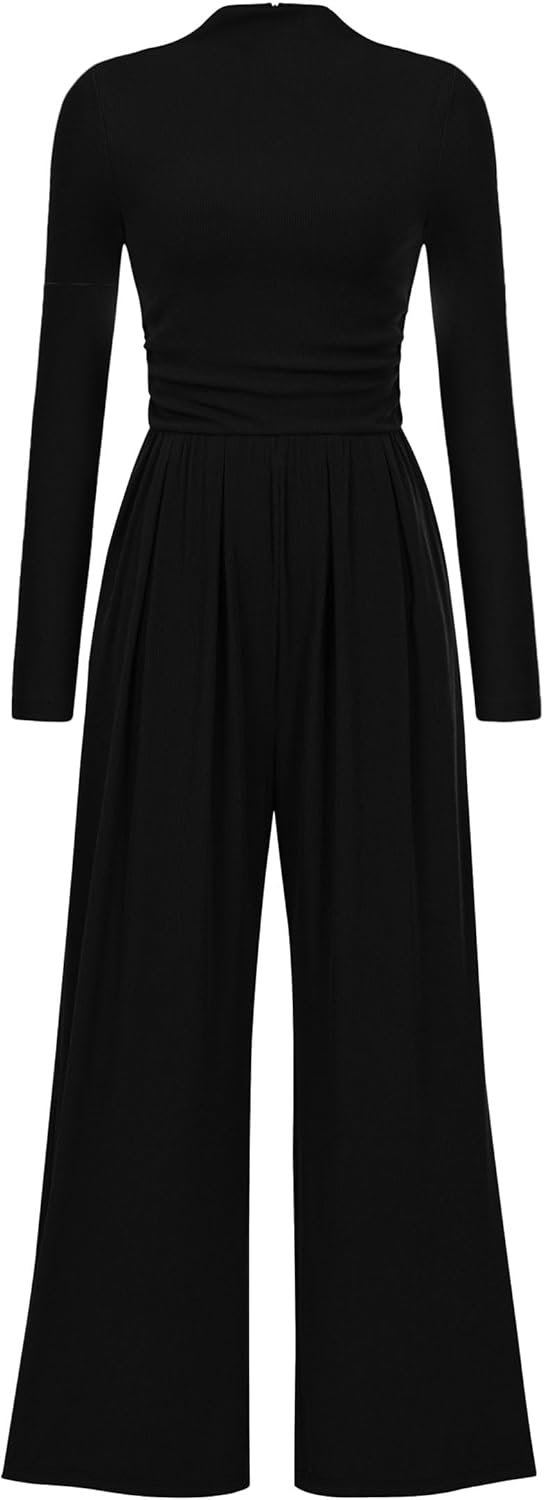 PRETTYGARDEN Women's Jumpsuit Dressy Casual Fall Fashion One Piece Outfits Long Sleeve Mock Neck Wide Leg Pants Rompers