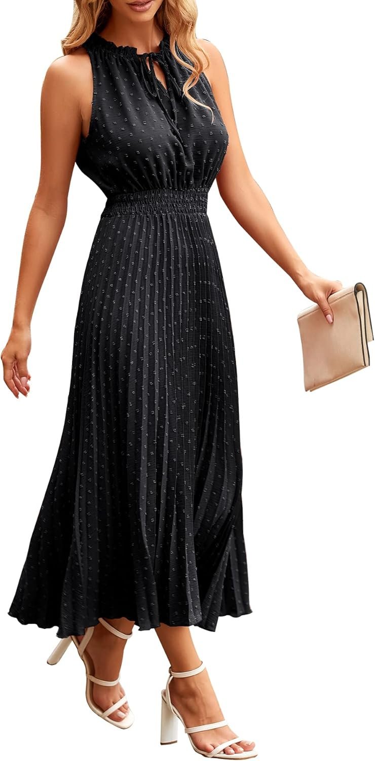 PRETTYGARDEN Women's Midi Summer Dresses Casual V Neck Swiss Dot Ruffle Sleeveless A Line Beach Sun Dress