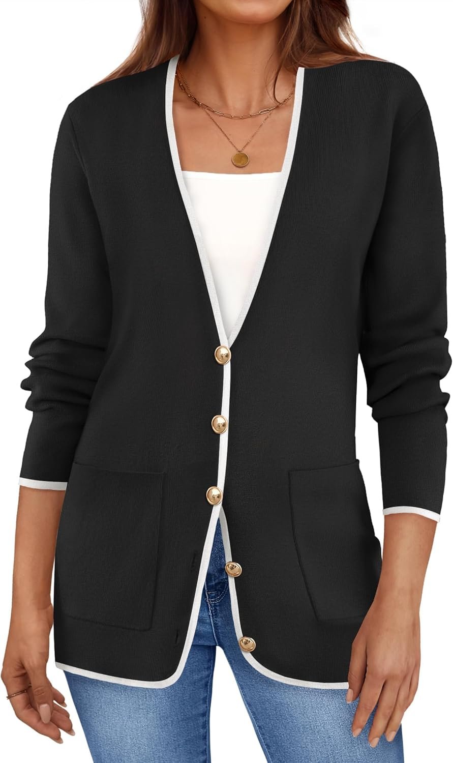 ZESICA Women's 2024 Color Block Cardigan Sweaters Long Sleeve Button Down Open Front Coatigan with Pockets