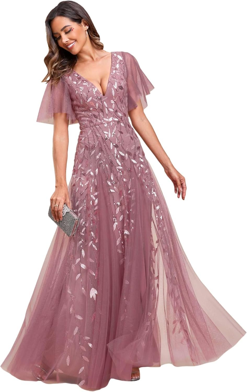 Ever-Pretty Women's Sequin Sparkly V-Neck Short Sleeve Maxi Evening Dress 00734