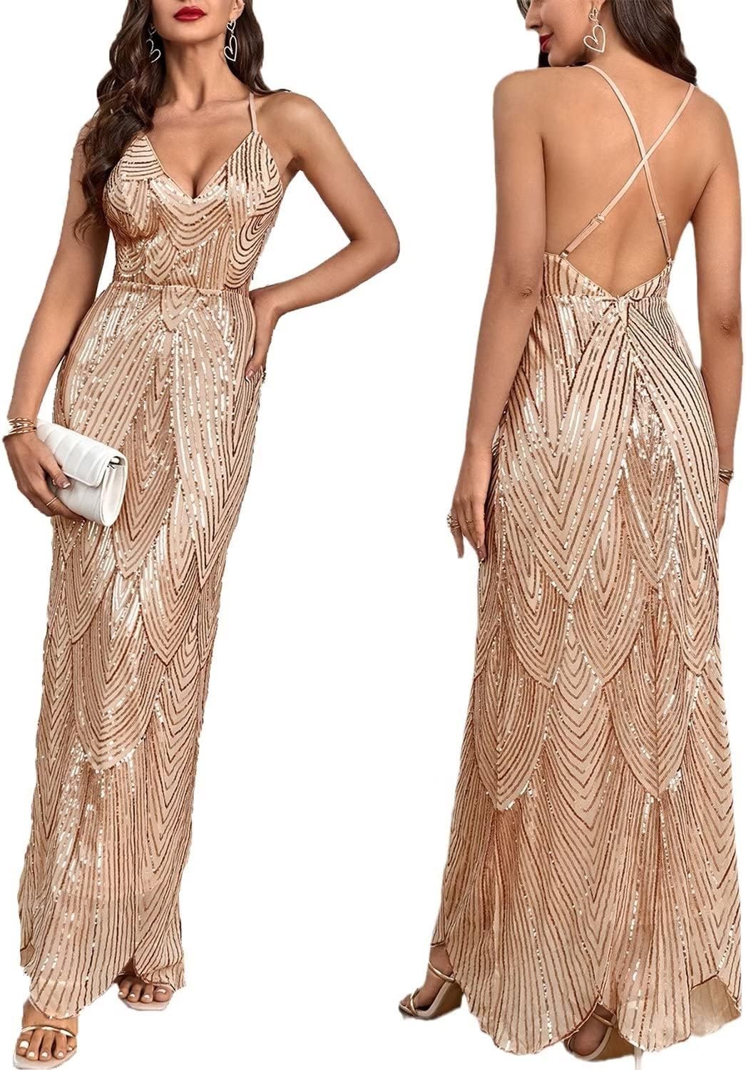 Women's V Neck Spaghetti Straps Sequin Sparkly Glitter Irregular Hem Prom Dress Bcakless Maxi Evening Gowns