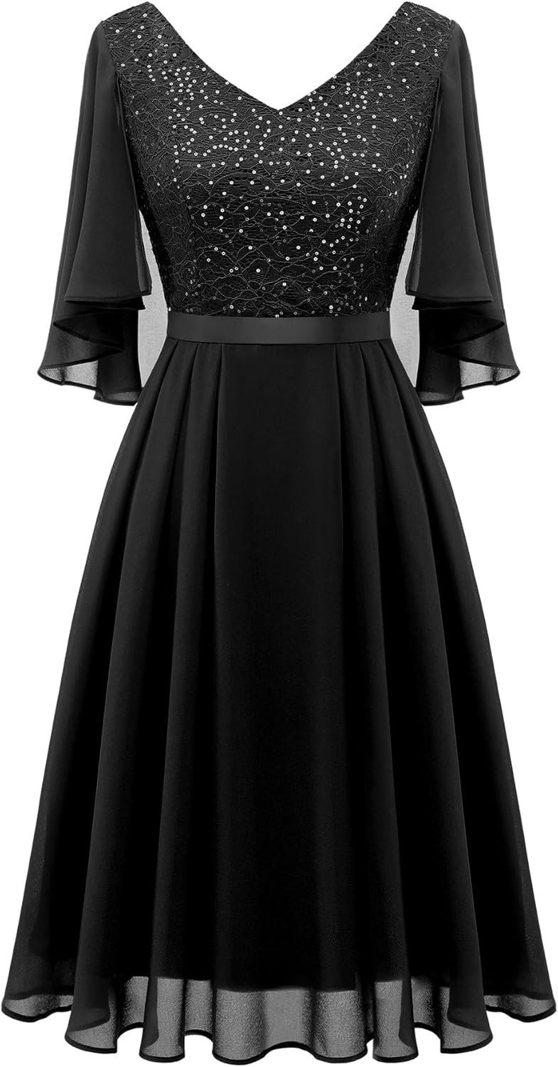 Dressystar Sequin Chiffon Dresses for Women Lace Knee Length Cape Mother of The Bride Cocktail Wedding Guest Evening Dress