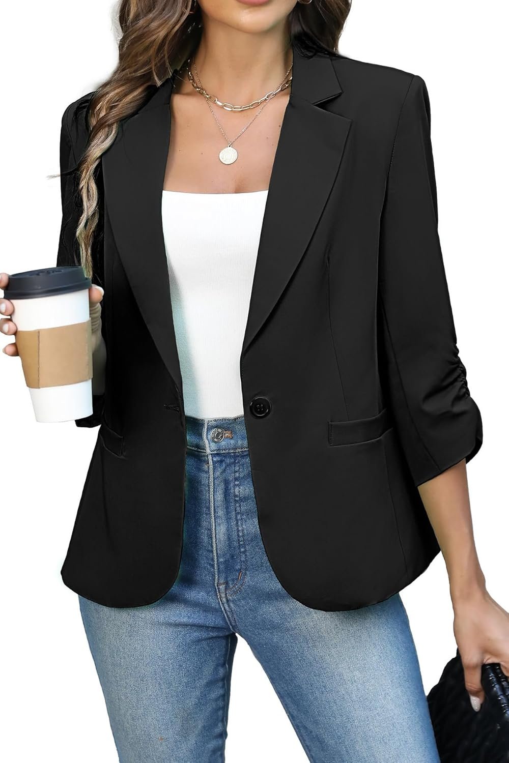 ELLEVEN Women's Ruched 3/4 Sleeve Blazers, Lightweight Slim Fit Jackets with Padded Shoulder for Business Casual
