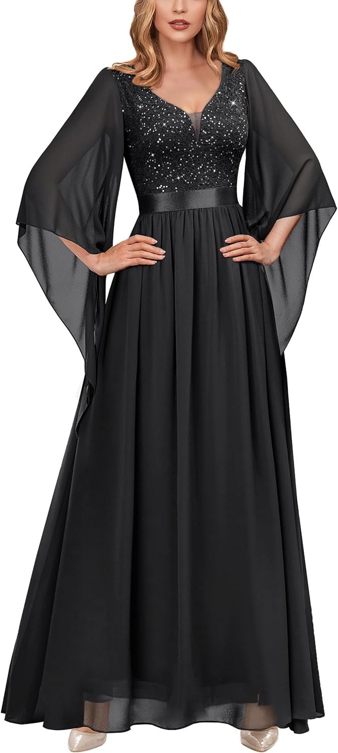 Miusol Women's Deep-V Neck Lace Contrast Sequin 3/4 Sleeve Formal Evening Maxi Dress