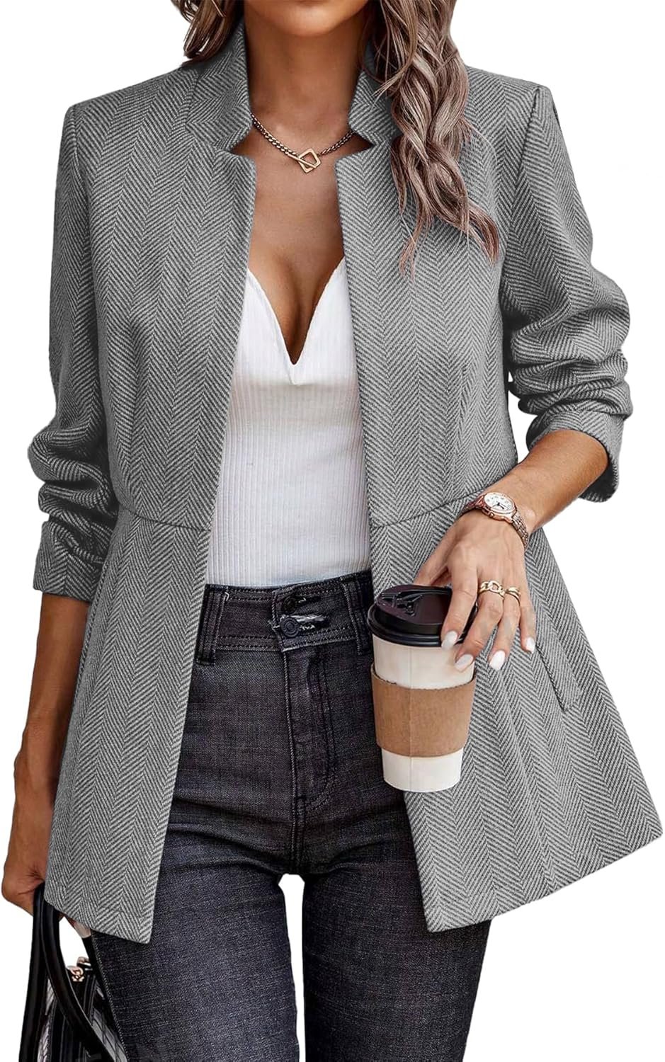 ELLEVEN Women’s Open Front Herringbone Blazer-Business Casual Long Sleeve Work Jacket with Full Lining and Padded Shoulders