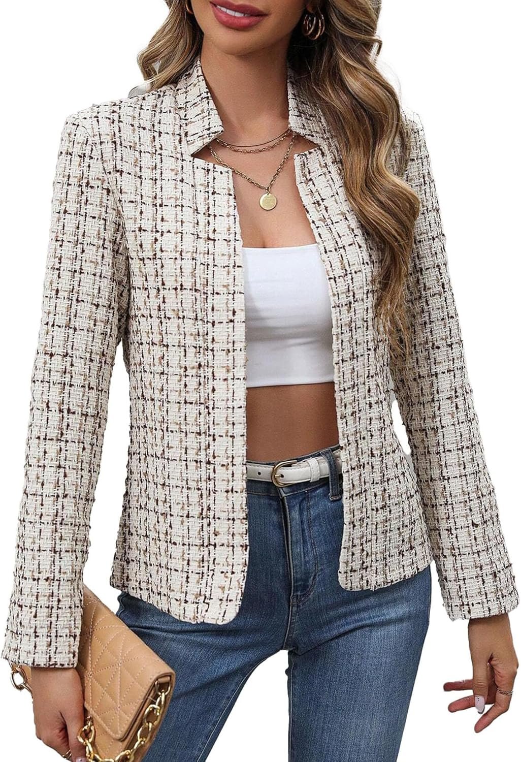 Womens' 2024 Fall Winter Tweed Blazer Jacket Notch Collar Open Front Fully Lined Casual Fashion Elegant Work Coat