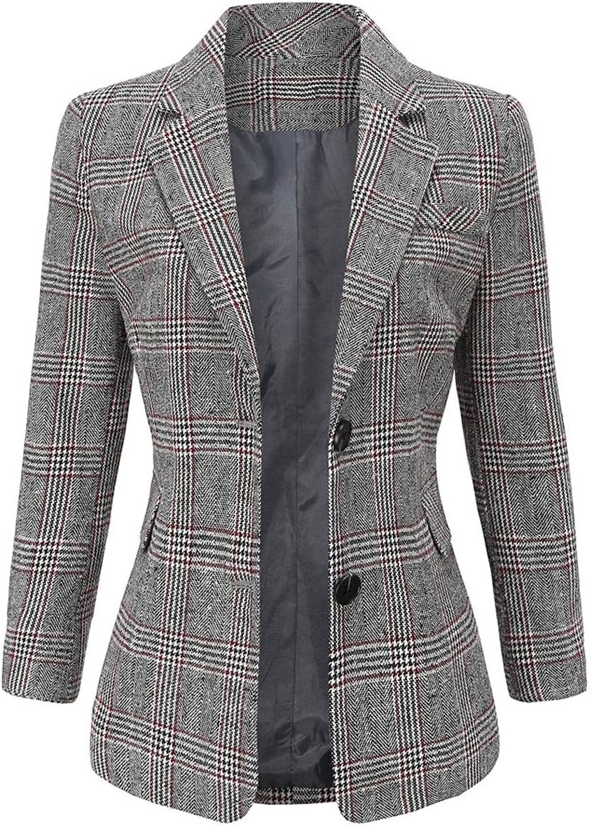 ebossy Women's Notch Lapel 2 Button Boyfriend Blazer Suit Houndstooth Plaid Jacket Coat