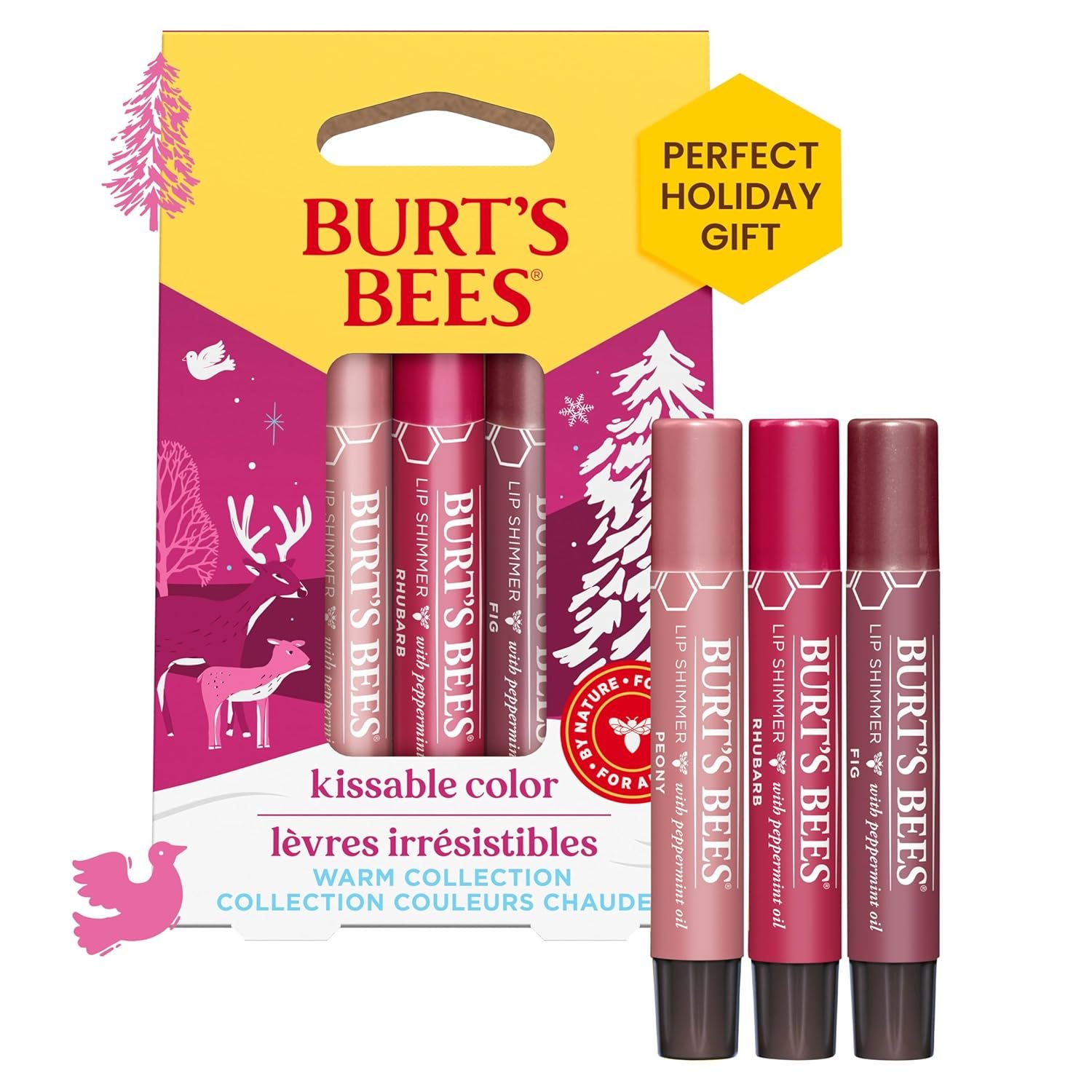 Burt’s Bees Shimmer Lip Tint Stocking Stuffers Set, Tinted Lip Balm, Moisturizing for All Day Hydration with Natural Glowy Pigmented Finish & Buildable Color, Kissable Color, Warm Collection (3-Pack)