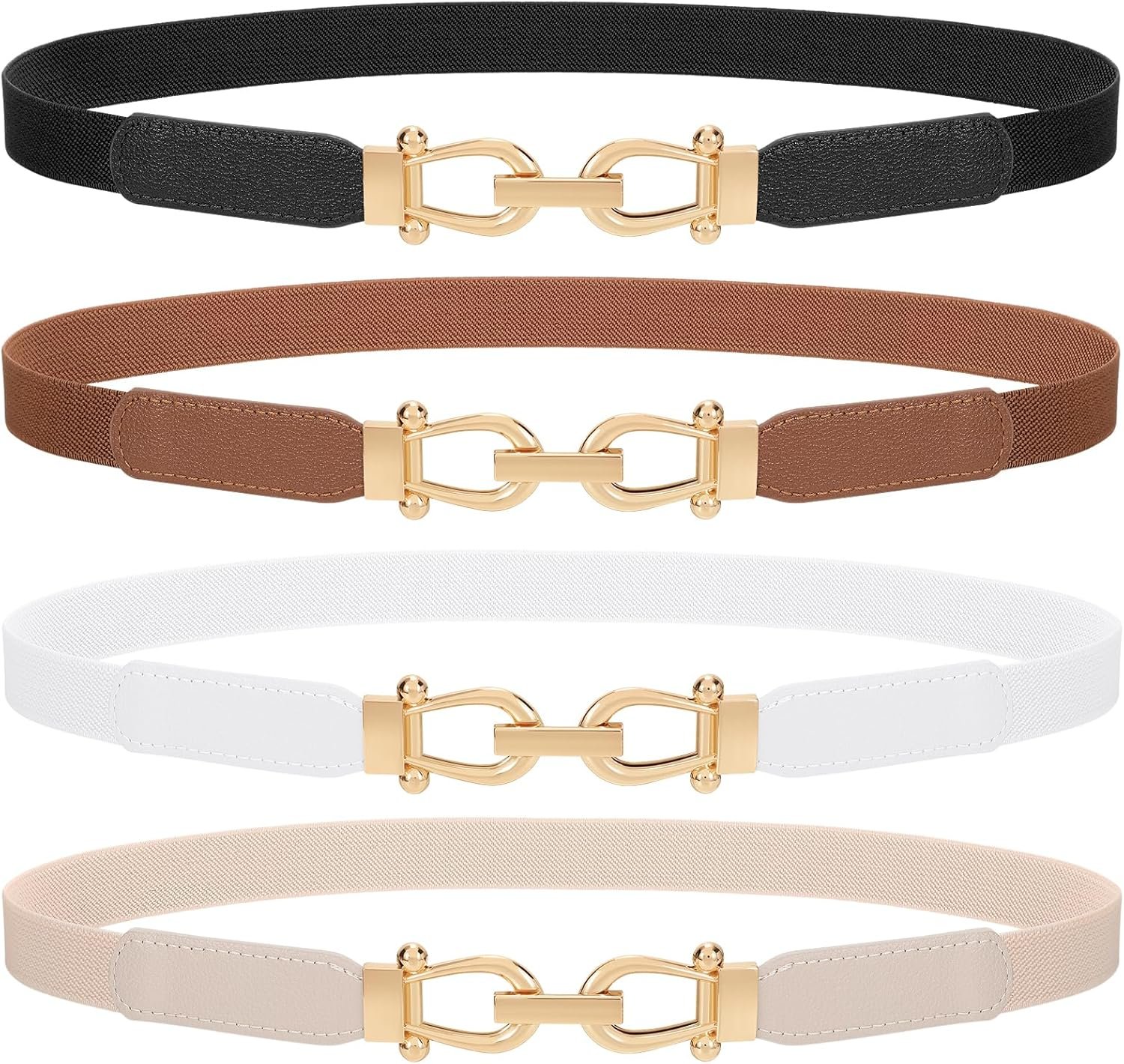 4 Pack Women's Elastic Skinny Belt Fashion Alloy Buckle Stretchy Thin Waist Belts for Dresses