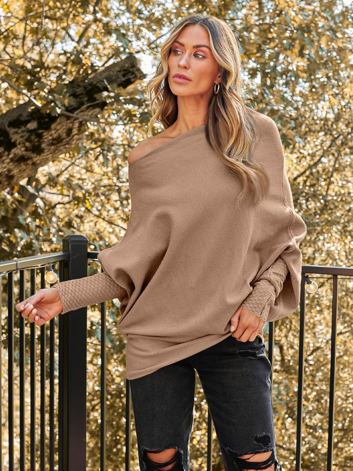 LILLUSORY Womens Batwing Oversized Sweaters Assymetrical Off The Shoulder Boat Neck Wrap Tunic Tops Fall Fashion Cloth Outfit 2 LILLUSORY Womens Batwing Oversized Sweaters Assymetrical Off The Shoulder Boat Neck Wrap Tunic Tops Fall Fashion Cloth Outfit - Image 2
