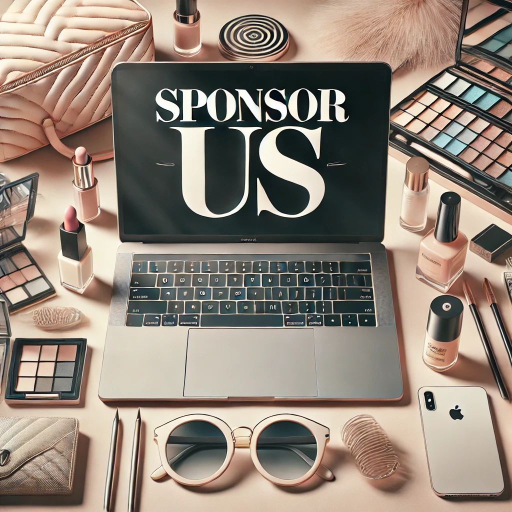 DALL·E 2024 12 12 17.56.39 A stylish modern concept for a Sponsor Us page header image for a fashion and beauty blog. The image features a workspace with an open laptop displ Influencerstyle.co
