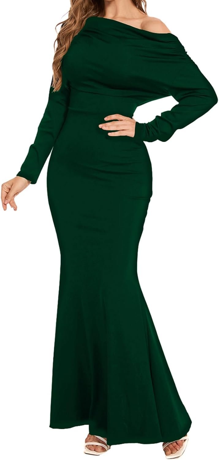 Elegant Formal Mermaid Bodycon Maxi Dress for Women Sexy Off Shoulder Long Sleeves Wedding Evening Cocktail Party Dresses