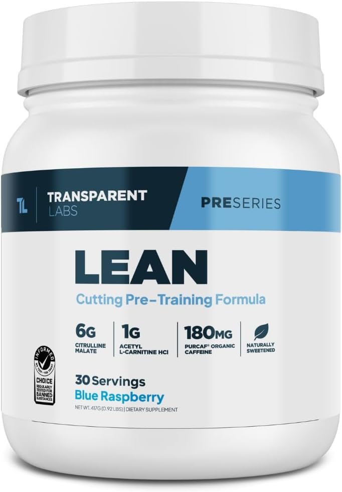 Transparent Labs Lean Pre-Workout - Body Recomposition Pre Workout for Men and Women with Acetyl L-Carnitine, Beta Alanine Powder, & PurCaf Organic Caffeine Powder - 30 Servings, Blue Raspberry