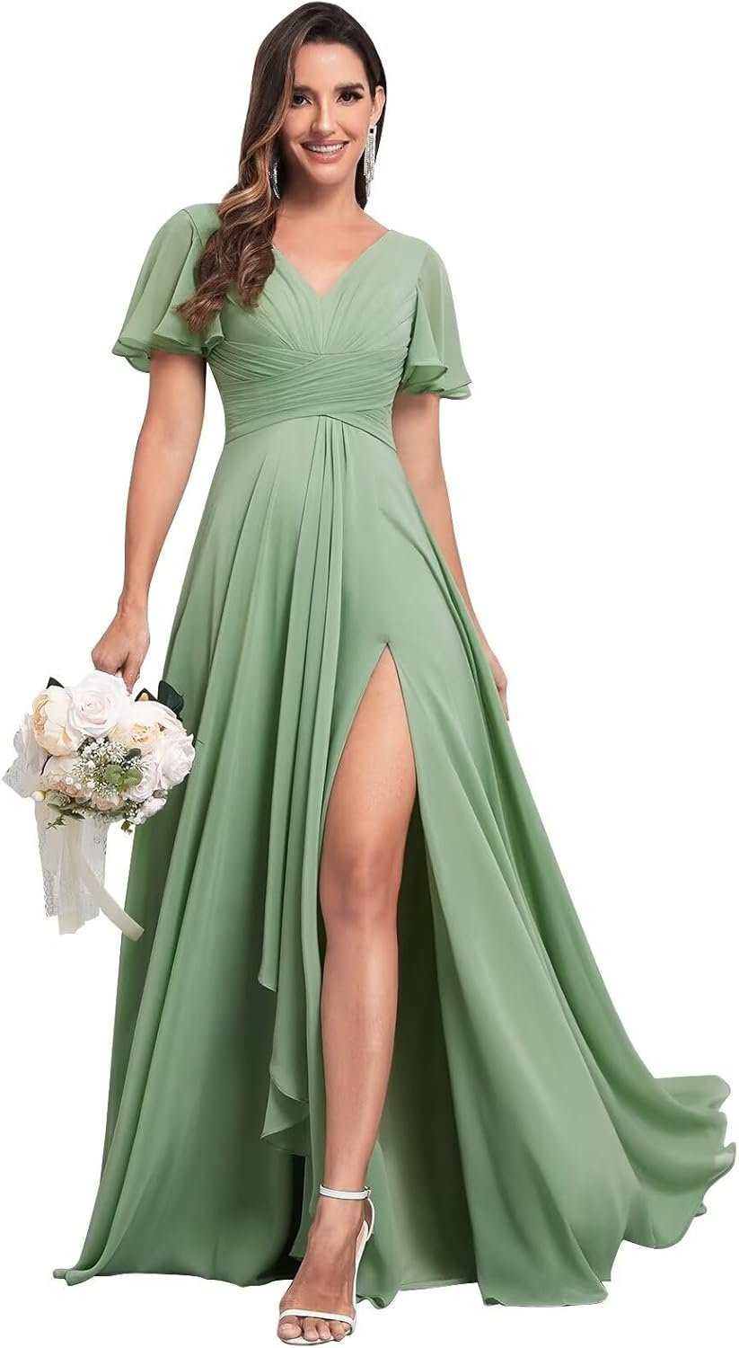 Long Chiffon Bridesmaid Dresses for Women V Neck Elegant Ruffle Formal Evening Gown with Sleeves