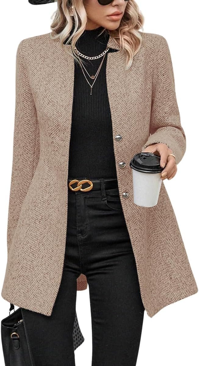 chouyatou Women's Business Casual Herringbone Wool Coat Button Up Notch Collar Dressy Blazer Jacket