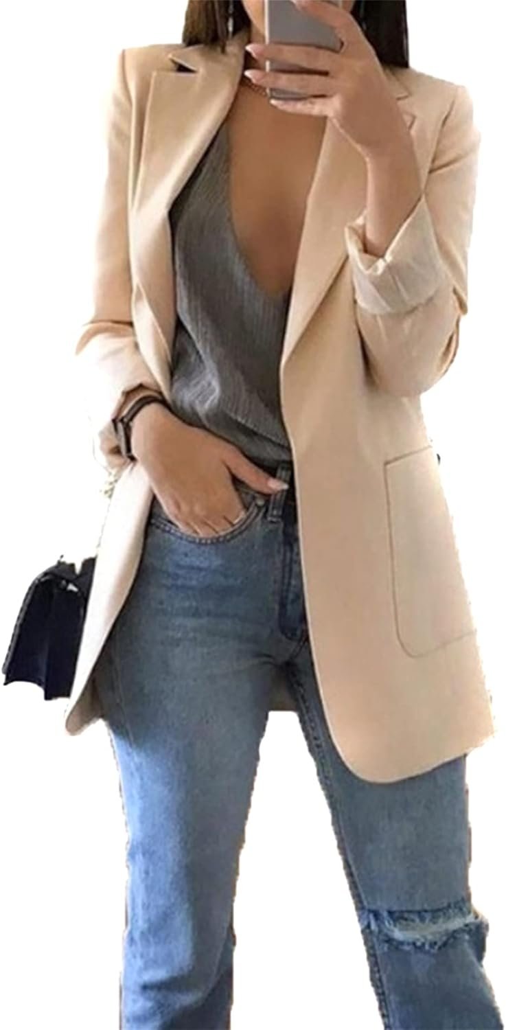 GORIFE Women Long Sleeve Lapel Blazers Jacket Loose Work Office Blazers Coat with Pockets