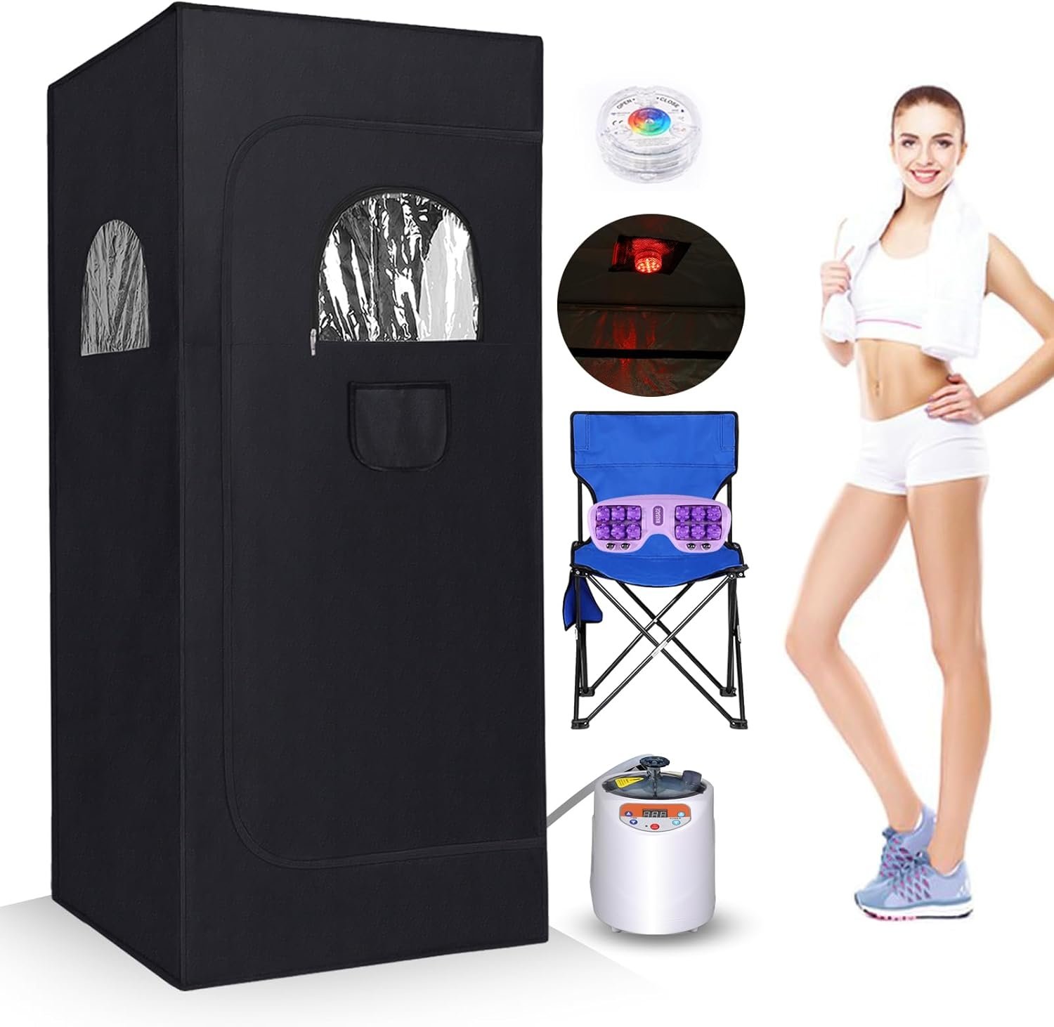 Sauna, Portable Sauna, Sauna Box, Steam Sauna Tent for Home Spa,Large Space Personal Home Sauna Tent Full Body with 3L 1100w Steaamer,Chair,Foot Massager,Remote Control & RGB LED Light (Black)