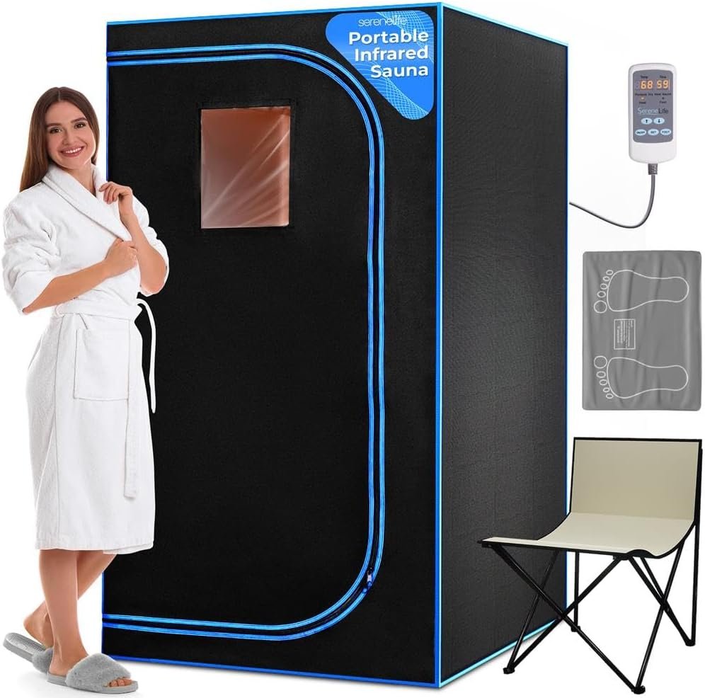 SereneLife Portable Sauna for Home, Infrared Sauna Tent with Heated Foot Pad and Folding Chair, Compact Personal Detox Sauna, Remote Control In-Home Spa, 35" x 71" - inch (Black)