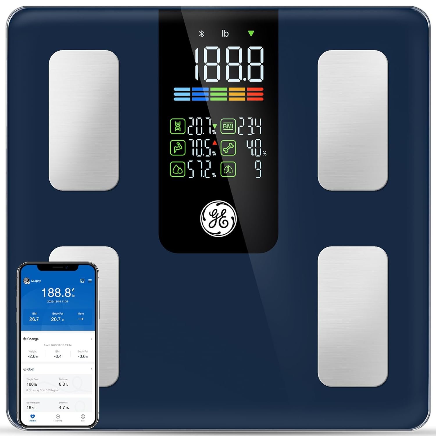 GE Scale for Body Weight Smart: Digital Bathroom Body Fat Scales for BMI Muscle Bluetooth Body Composition Monitor 11.8" Large Platform Accurate Weighing Machine Health Analyzer with App 500lbs