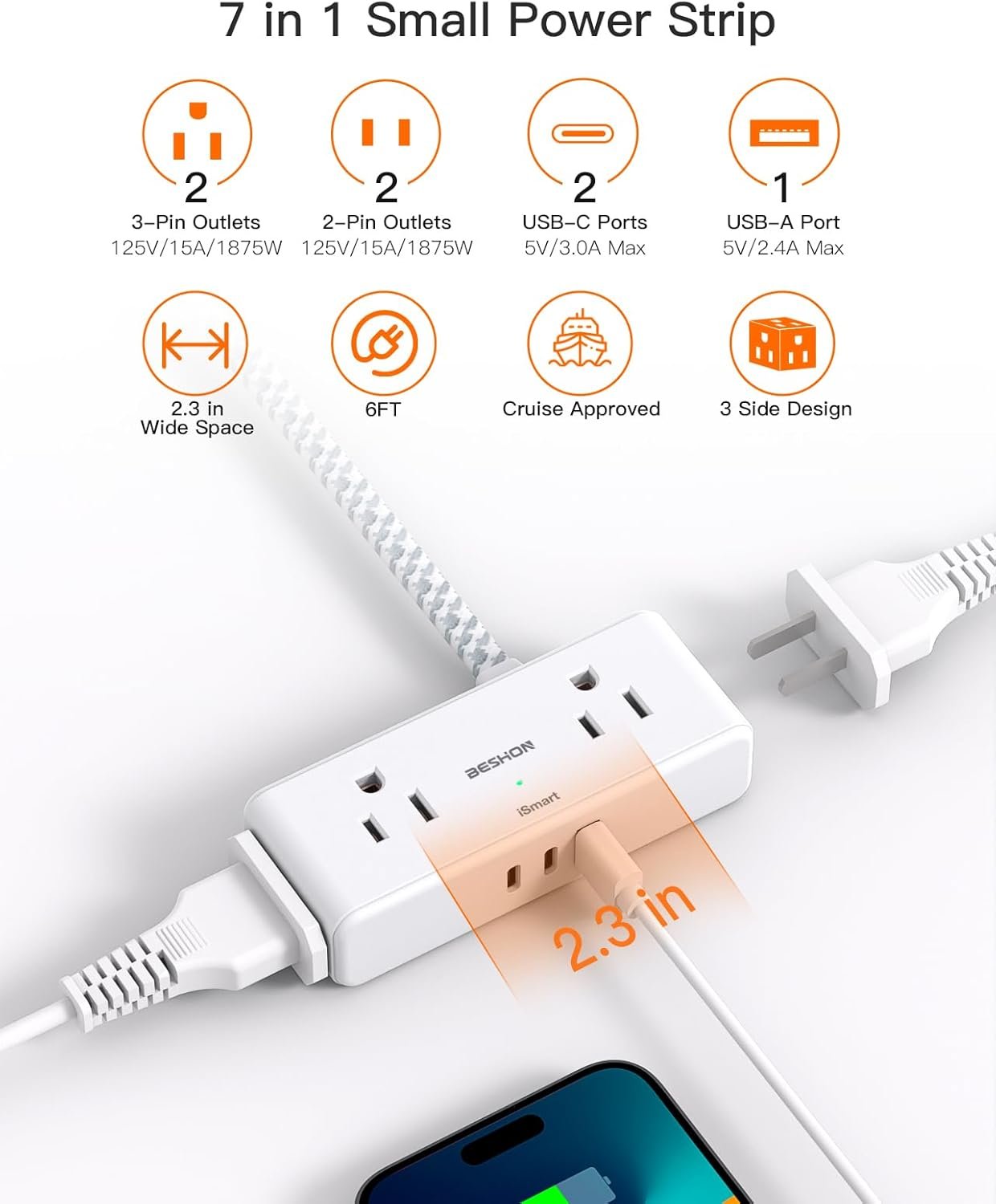 Flat Extension Cord 6 feet, Flat Plug Power Strip, 4 Widely Outlets with 3 USB Ports (2 USB C), 3 Side Outlet Extender with Extension Cord with Multiple Outlets for Home, Office, Dorm Room Essentials 3 Flat Extension Cord 6 feet, Flat Plug Power Strip, 4 Widely Outlets with 3 USB Ports (2 USB C), 3 Side Outlet Extender with Extension Cord with Multiple Outlets for Home, Office, Dorm Room Essentials - Image 3