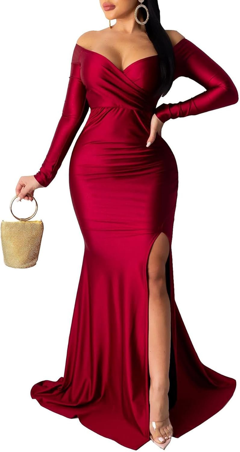 Vakkest Women's Summer Off Shoulder Maxi Dress Sexy V Neck Long Sleeve Gown Cocktail Mermaid Wedding Dresses