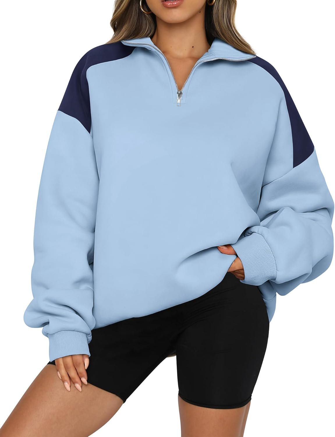 BTFBM Quarter Zip Sweatshirts For Women 2024 Fall Fashion Long Sleeve Color Block Casual Y2k Activewear Pullover Tops