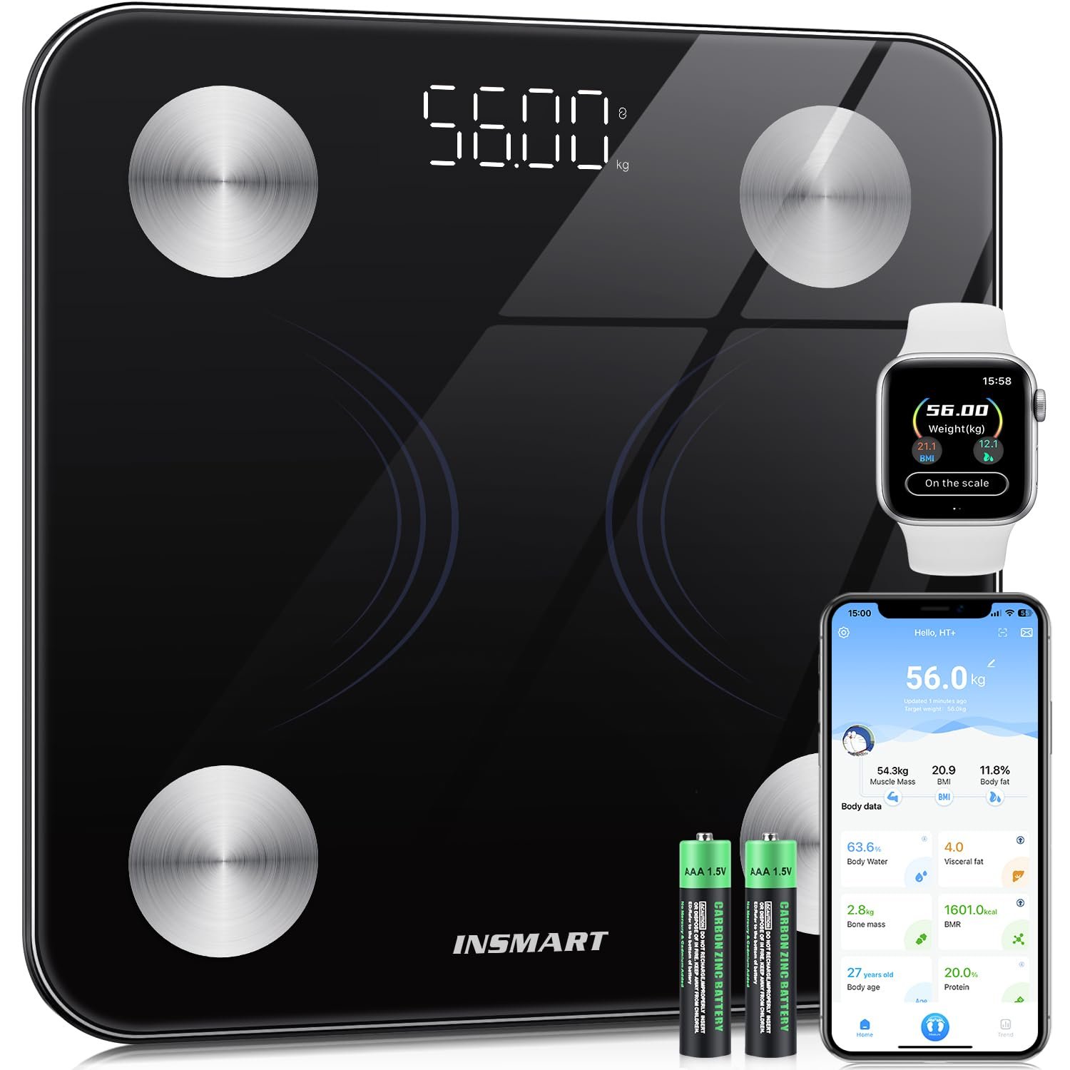 INSMART Smart Scale for Body Weight,Accurate Digital Weight Scale and Fat Percentage,Bluetooth Body Fat Scale with BMI Muscle Mass,16 Body Composition,Health Monitor Analyzer with APP Sync