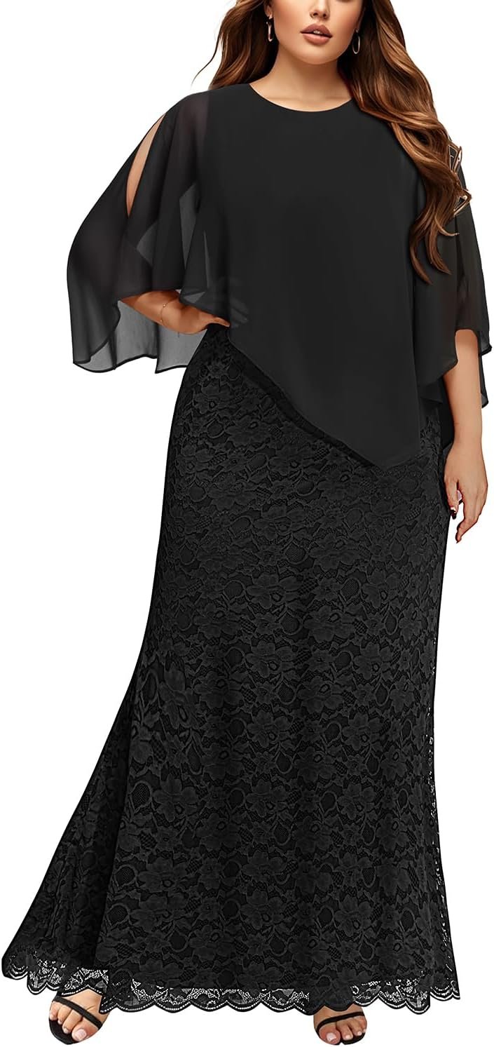 Women's Plus Size Cape Dress with Chiffon Overlay Gown Formal Evening Lace Long Mermaid Dresses 2024