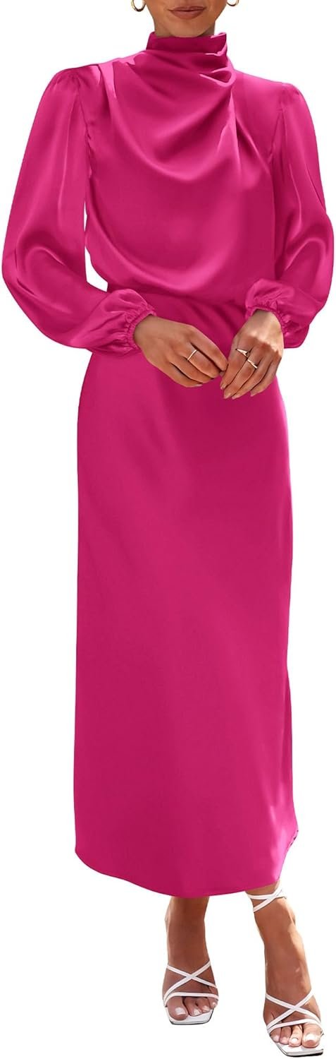 BTFBM Women's Mock Neck Satin Dress Elegant Long Sleeve Elastic High Waist Formal Wedding Cocktail Party Maxi Dresses