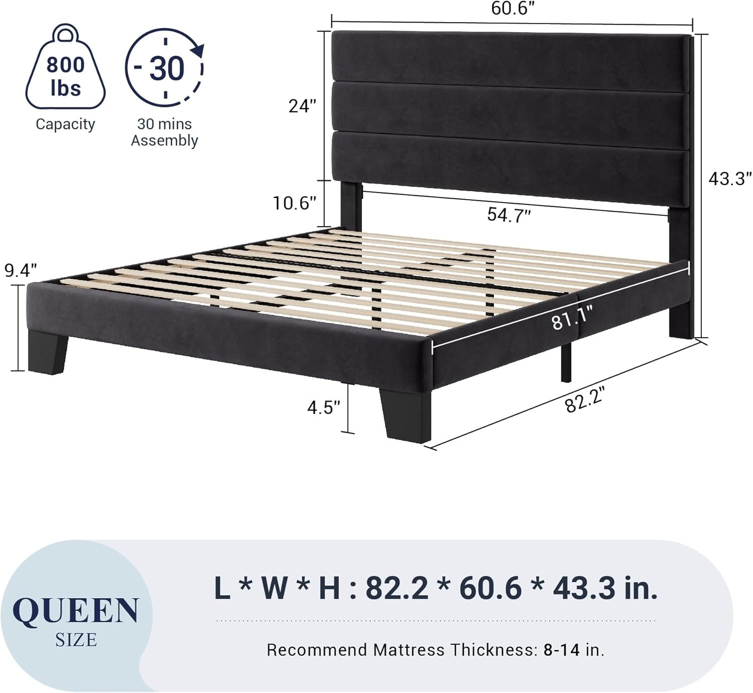 Allewie Queen Size Platform Bed Frame with Velvet Upholstered Headboard and Wooden Slats Support, Fully Upholstered Mattress Foundation/No Box Spring Needed/Easy Assembly, Black 2 Allewie Queen Size Platform Bed Frame with Velvet Upholstered Headboard and Wooden Slats Support, Fully Upholstered Mattress Foundation/No Box Spring Needed/Easy Assembly, Black - Image 2