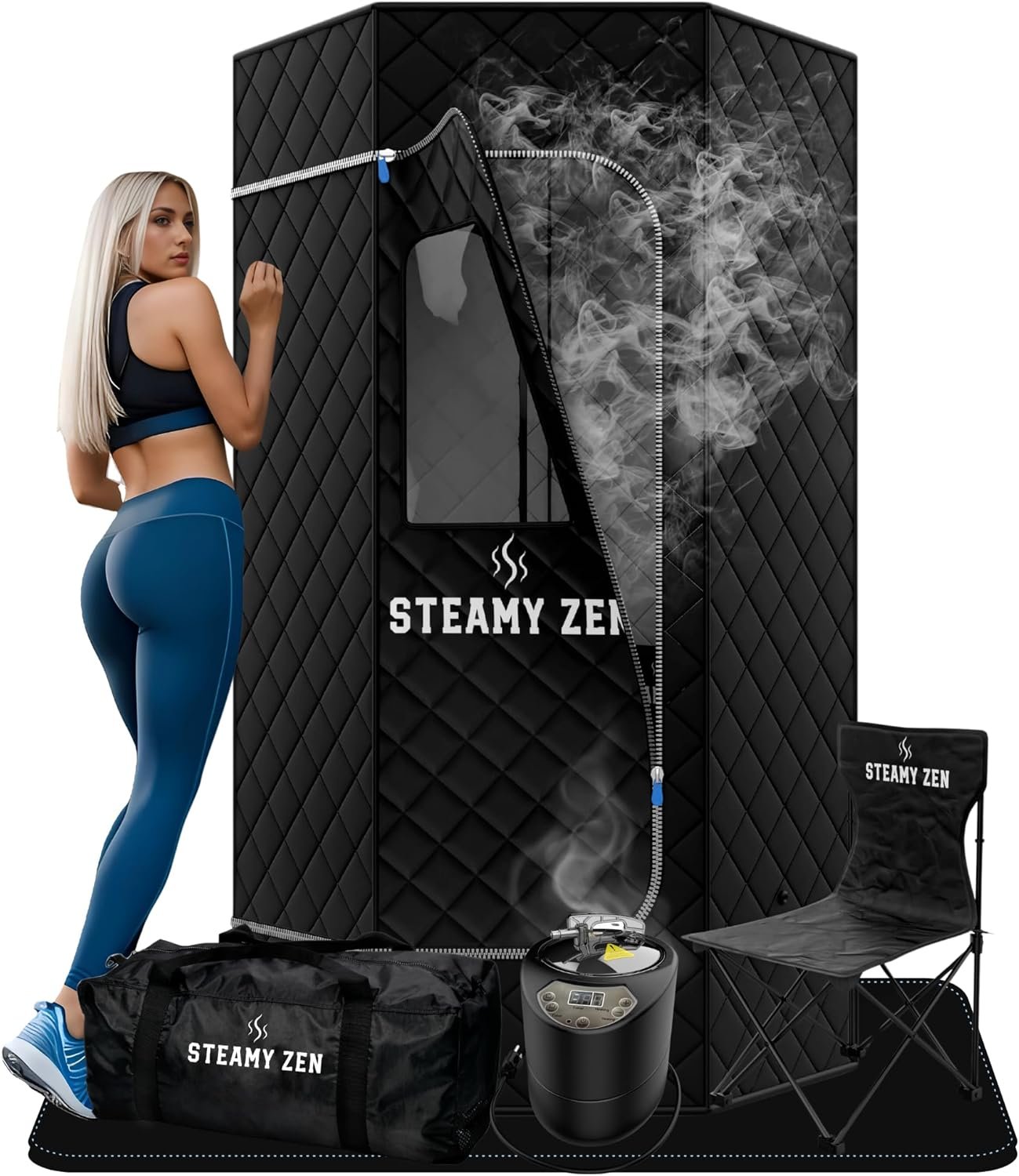 Steamy Zen Sauna - Portable Large Home Steam Sauna with 3L High Capacity Steamer, 1100W, Remote & Aromatherapy - Includes Absorbent Mat & Chair for Yoga & Weight Loss - Sauna Spa Experience