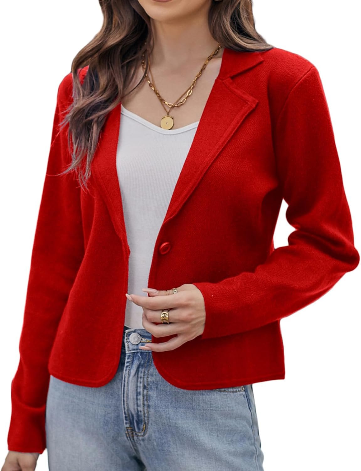 GRACE KARIN Women Sweater Blazer Casual Work Croppped Cardigan Lightweight Button Front Short Knit Blazer Jacket S-XXL