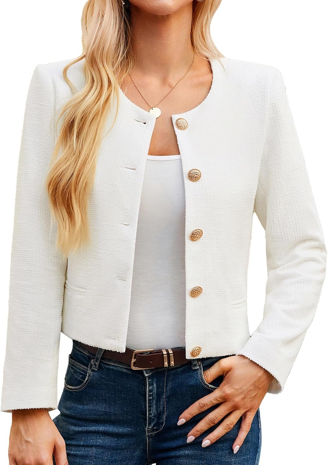 GRACE KARIN Blazers for Women Business Casual 2024 Winter Fashion Tweed Cropped Blazer Jacket Button Down Work Suit White XL