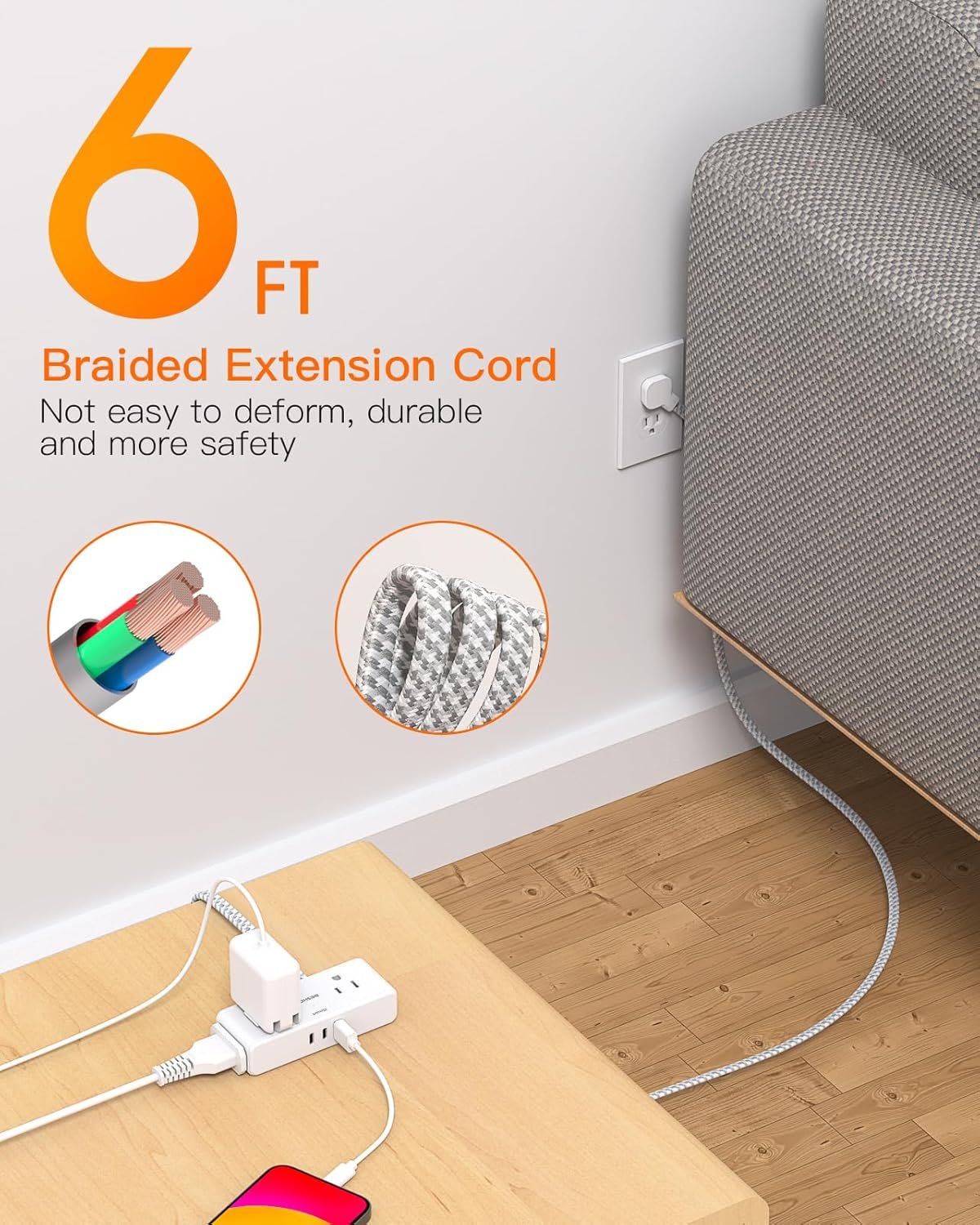 Flat Extension Cord 6 feet, Flat Plug Power Strip, 4 Widely Outlets with 3 USB Ports (2 USB C), 3 Side Outlet Extender with Extension Cord with Multiple Outlets for Home, Office, Dorm Room Essentials 2 Flat Extension Cord 6 feet, Flat Plug Power Strip, 4 Widely Outlets with 3 USB Ports (2 USB C), 3 Side Outlet Extender with Extension Cord with Multiple Outlets for Home, Office, Dorm Room Essentials - Image 2