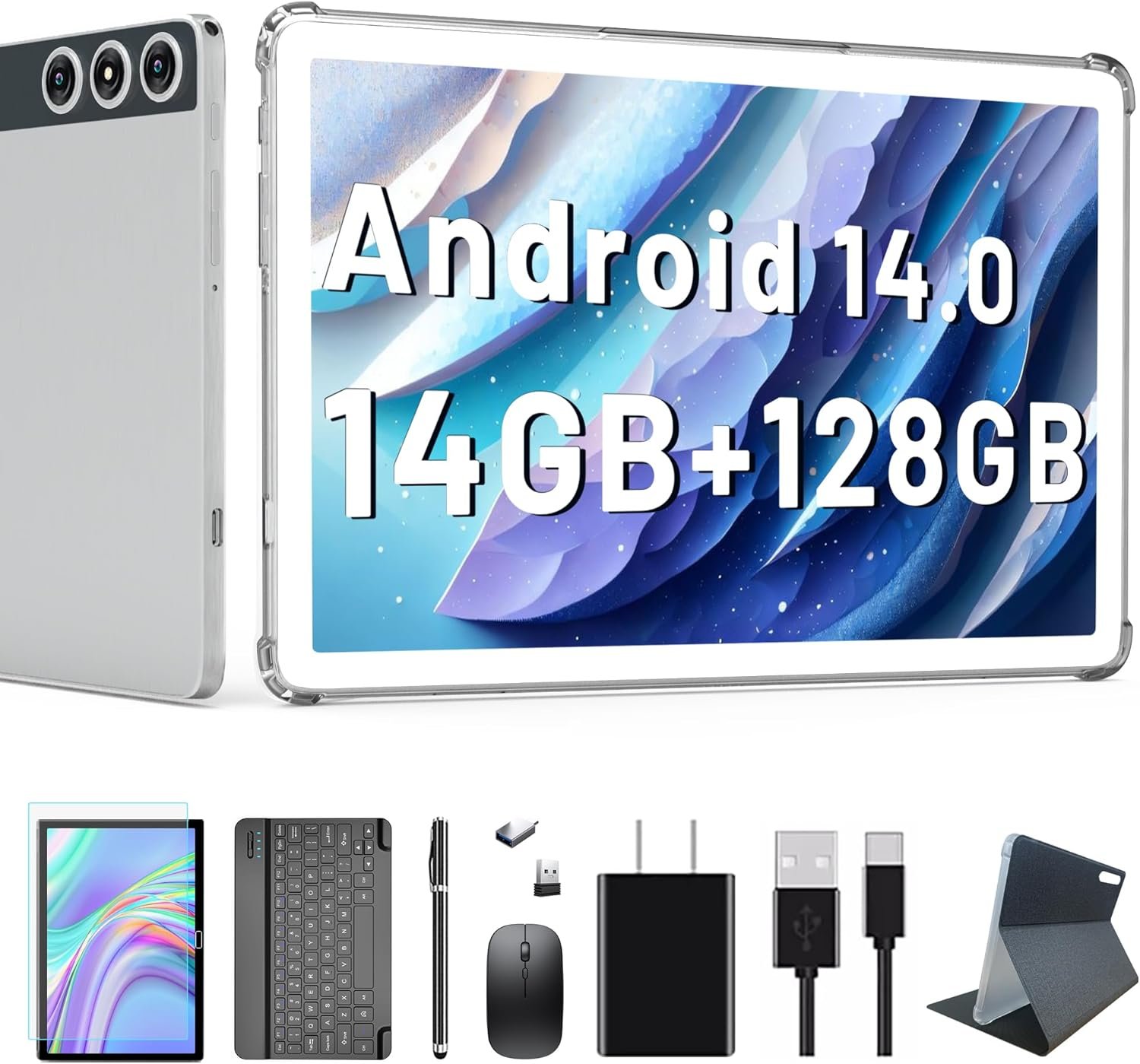 2024 Latest Android 14 Tablet, 10 inch Tablet with 128GB Storage 1TB Expandable 14GB RAM, Dual 4G Cellular Tablet with keyboard Support 5Ghz WiFi/Bluetooth 5.0/GPS, Octa-Core Processor, FHD IPS Screen