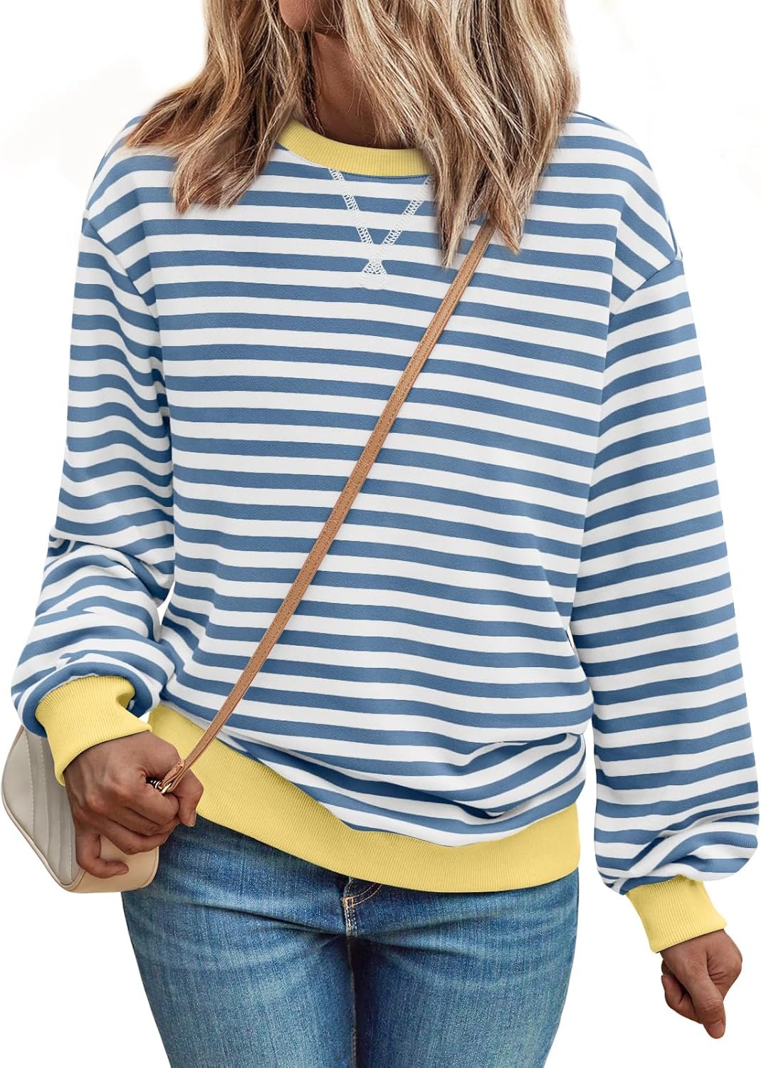 Trendy Queen Sweatshirts for Women 2025 Fall Crewneck Striped Long Sleeve Shirts Preppy Tops Y2K Winter Outfits Clothes