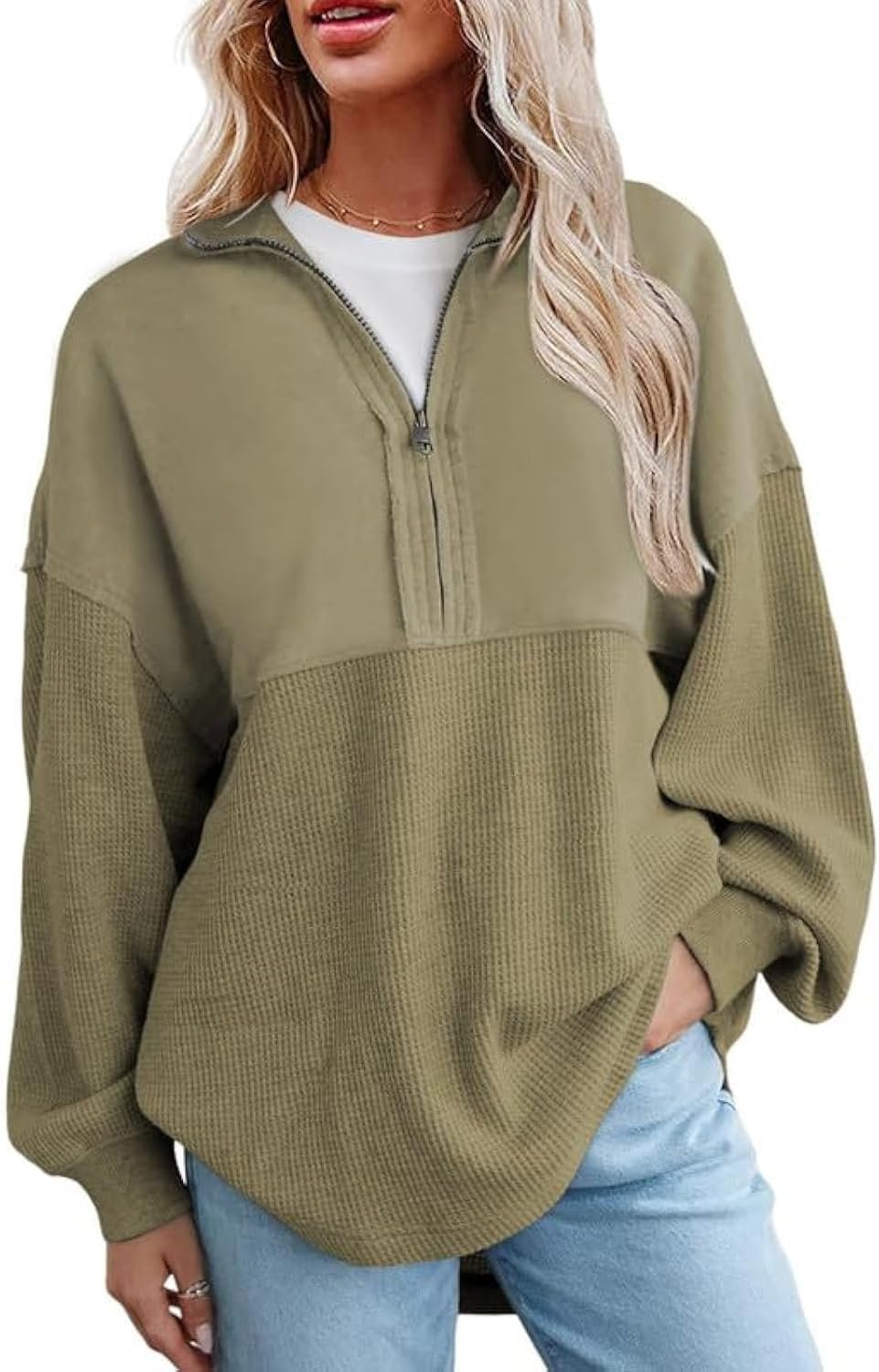 SHEWIN Womens Sweatshirt Casual Waffle Knit Half Zip Pullover Loose Long Sleeve Tops Fall Outfit Clothes 2024