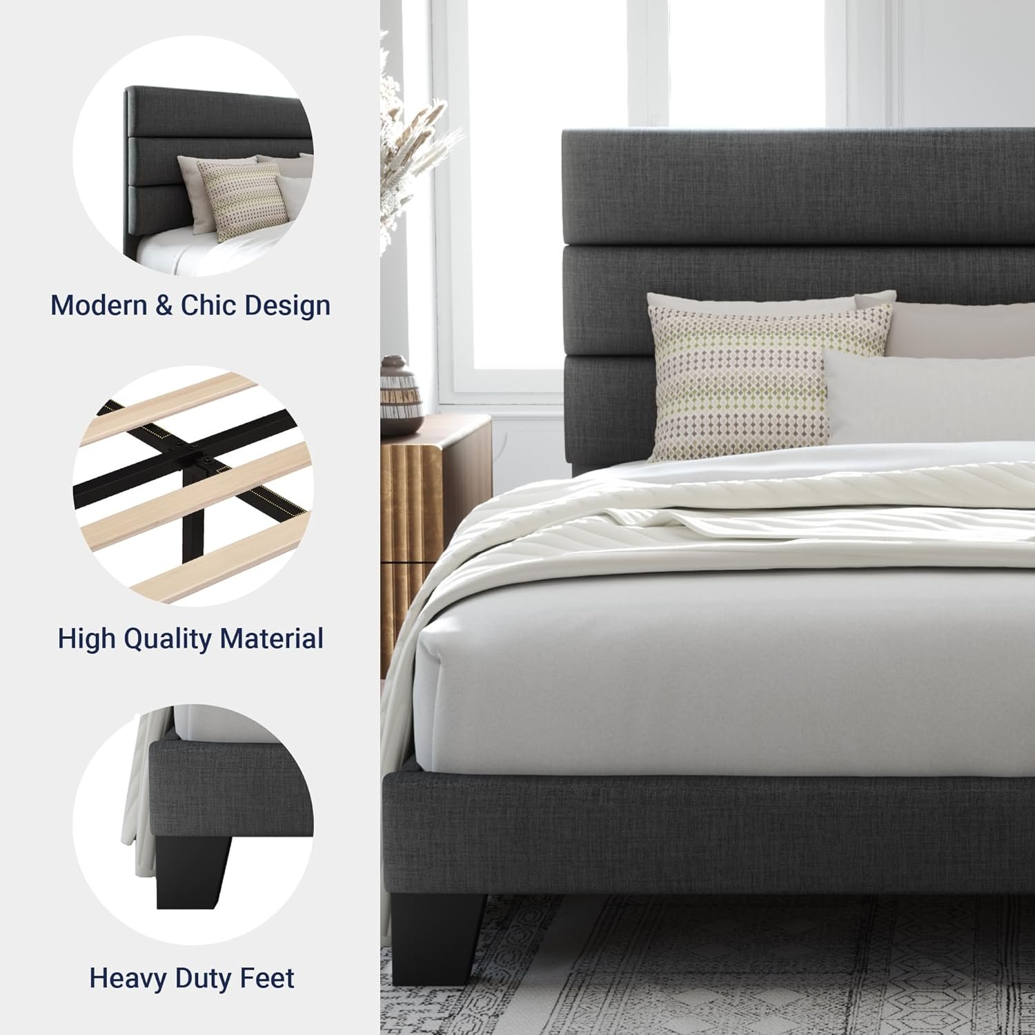 Allewie Queen Size Platform Bed Frame with Fabric Upholstered Headboard and Wooden Slats Support, Fully Upholstered Mattress Foundation/No Box Spring Needed/Easy Assembly, Dark Grey 6 Allewie Queen Size Platform Bed Frame with Fabric Upholstered Headboard and Wooden Slats Support, Fully Upholstered Mattress Foundation/No Box Spring Needed/Easy Assembly, Dark Grey - Image 6